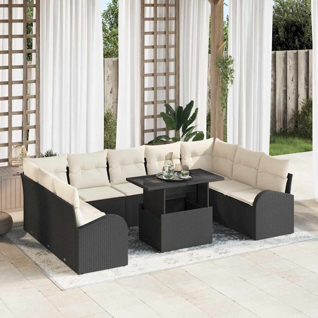 Gartensofa-set mit Kissen 10 pcs Schwarz und Creme Poly-Rattan