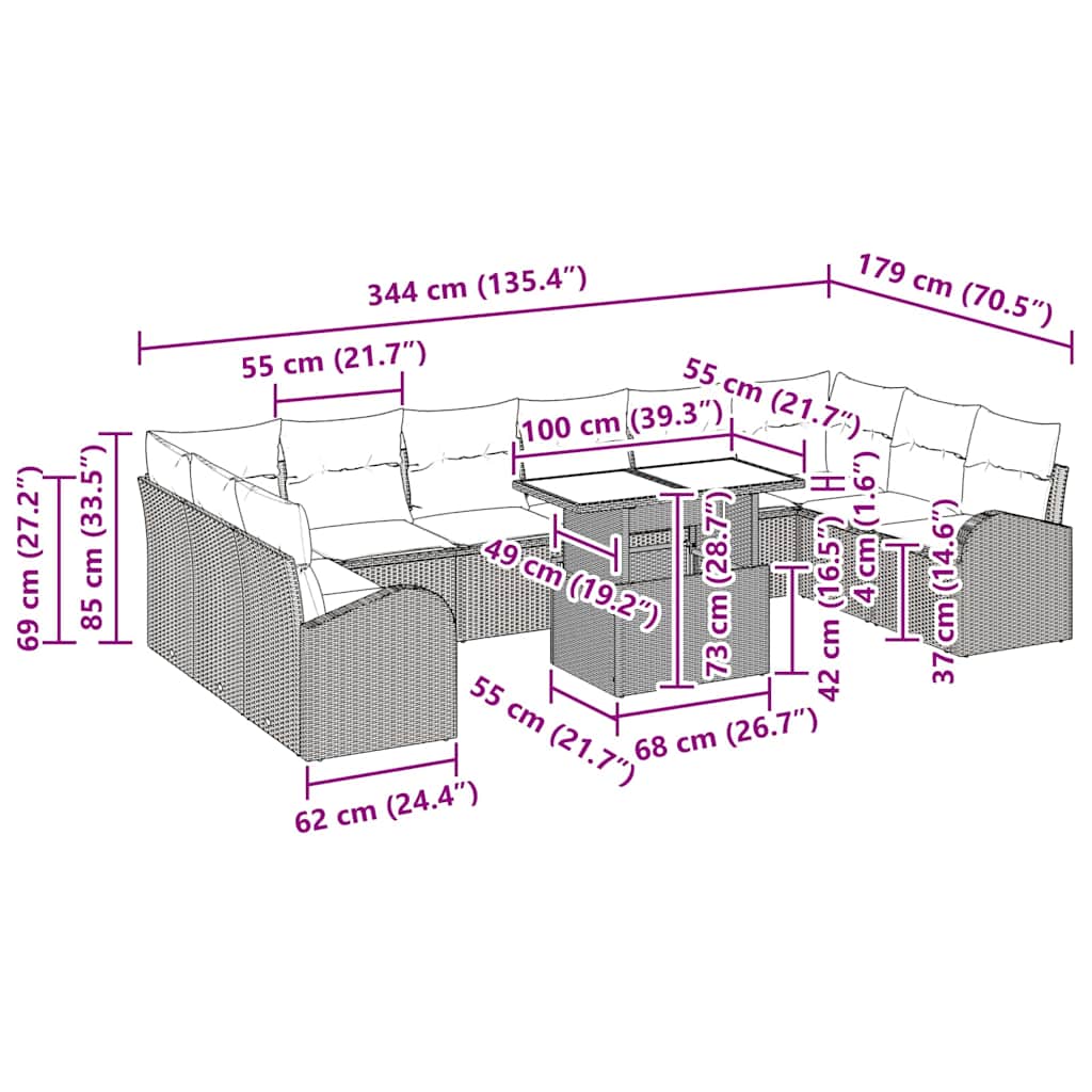 Garten-Sofa-Set mit Kissen 11 pcs Hellgrau Poly-Rattan