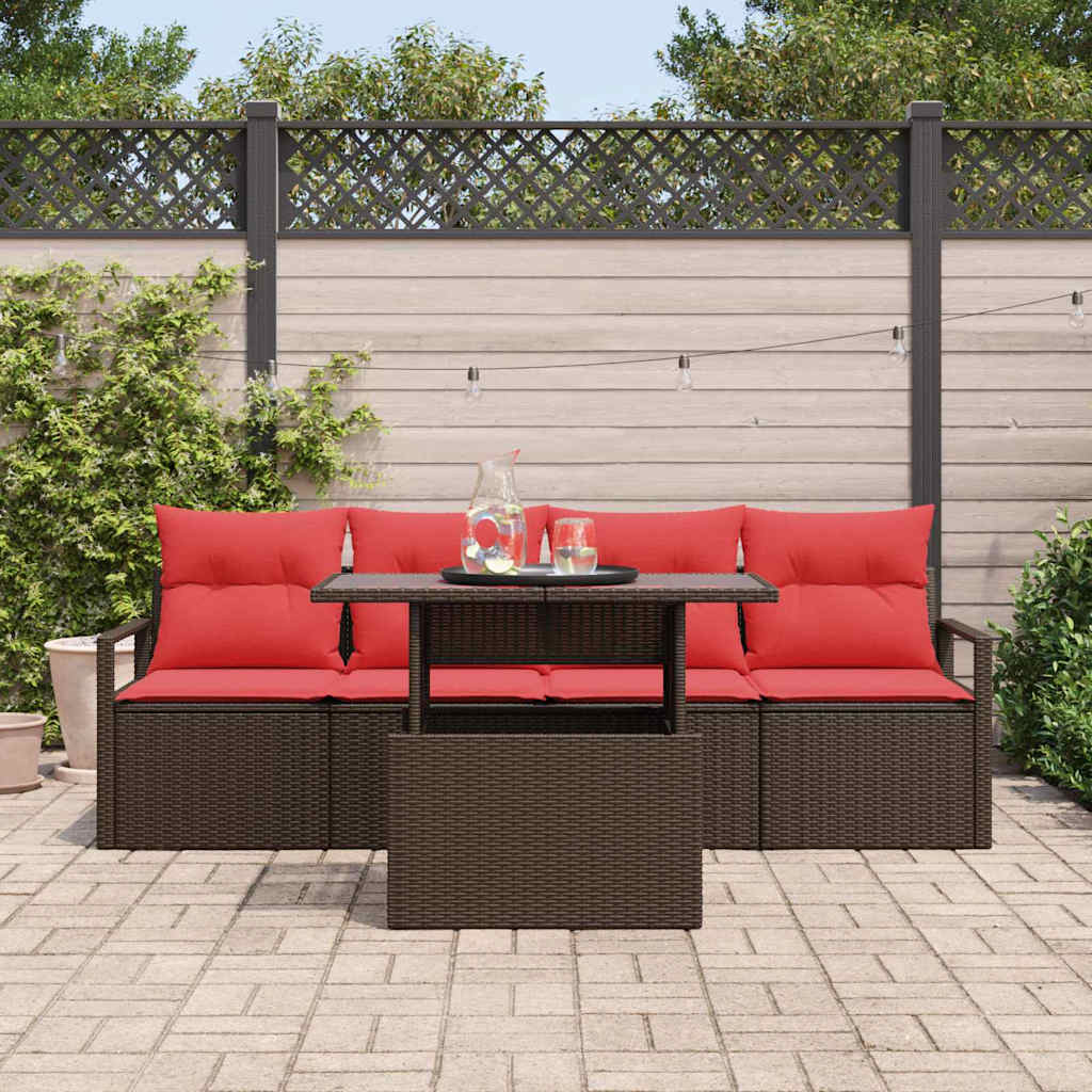 Gartensofa-set mit Speicher 5 pcs Braun und Rot Poly-Rattan
