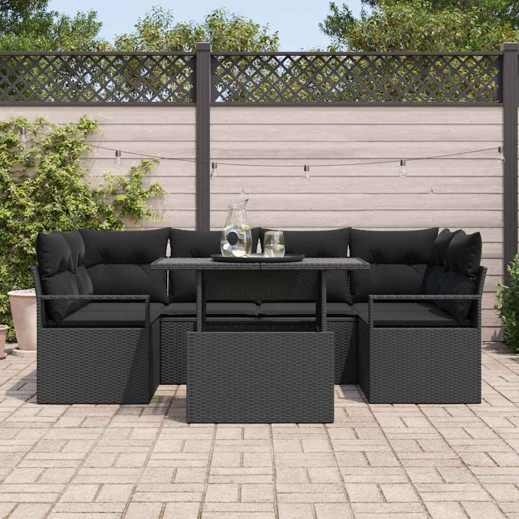 Gartensofa-set mit Speicher 7 pcs Schwarz Poly-Rattan
