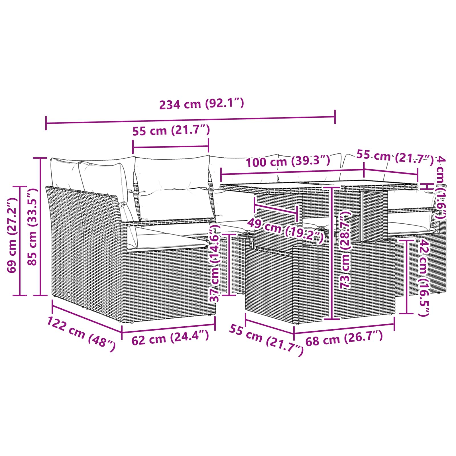 Garten-Sofa-Set 7 pcs Grau und Marineblau Poly-Rattan