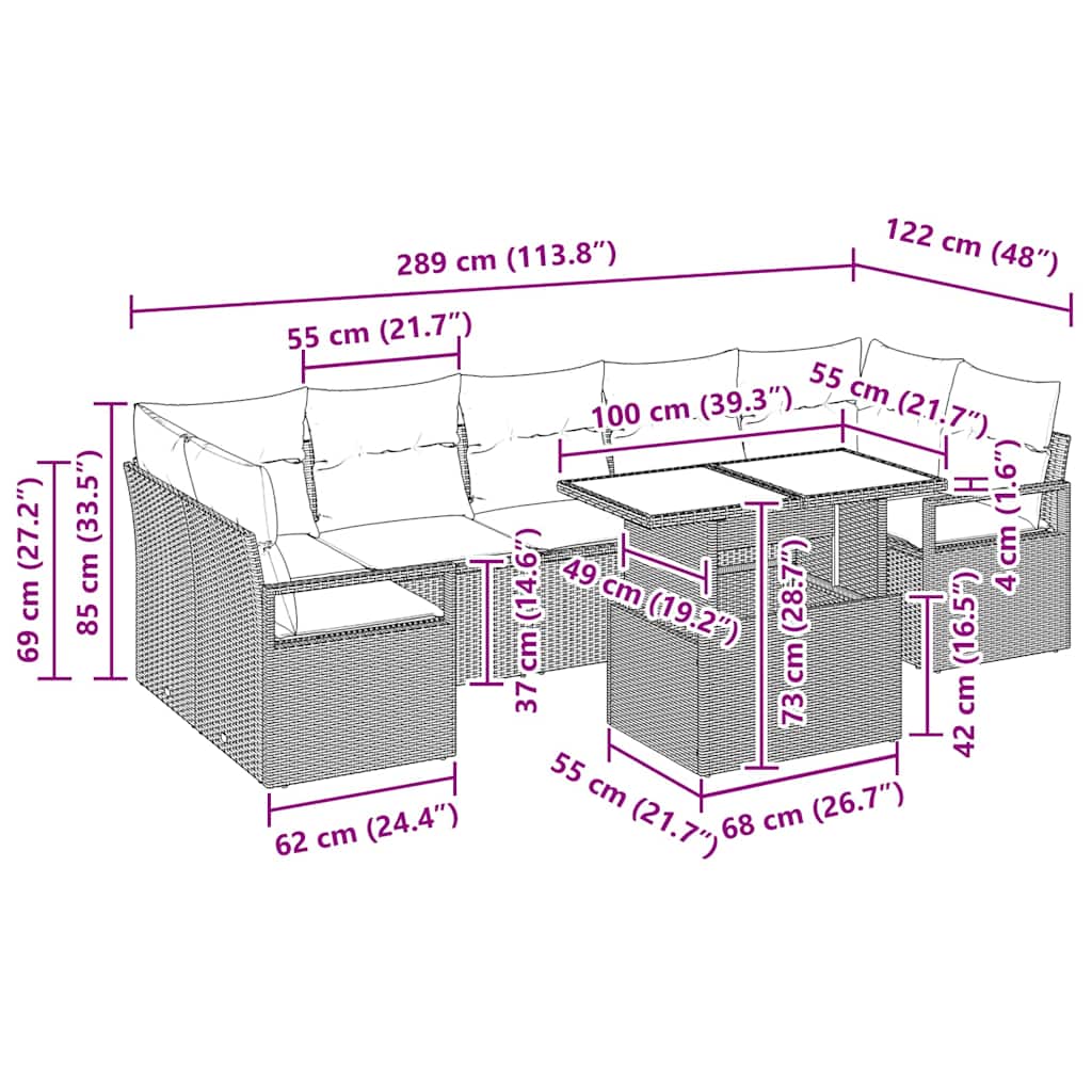 Garten-Sofa-Set mit Kissen 8 pcs Braun und Creme Poly-Rattan