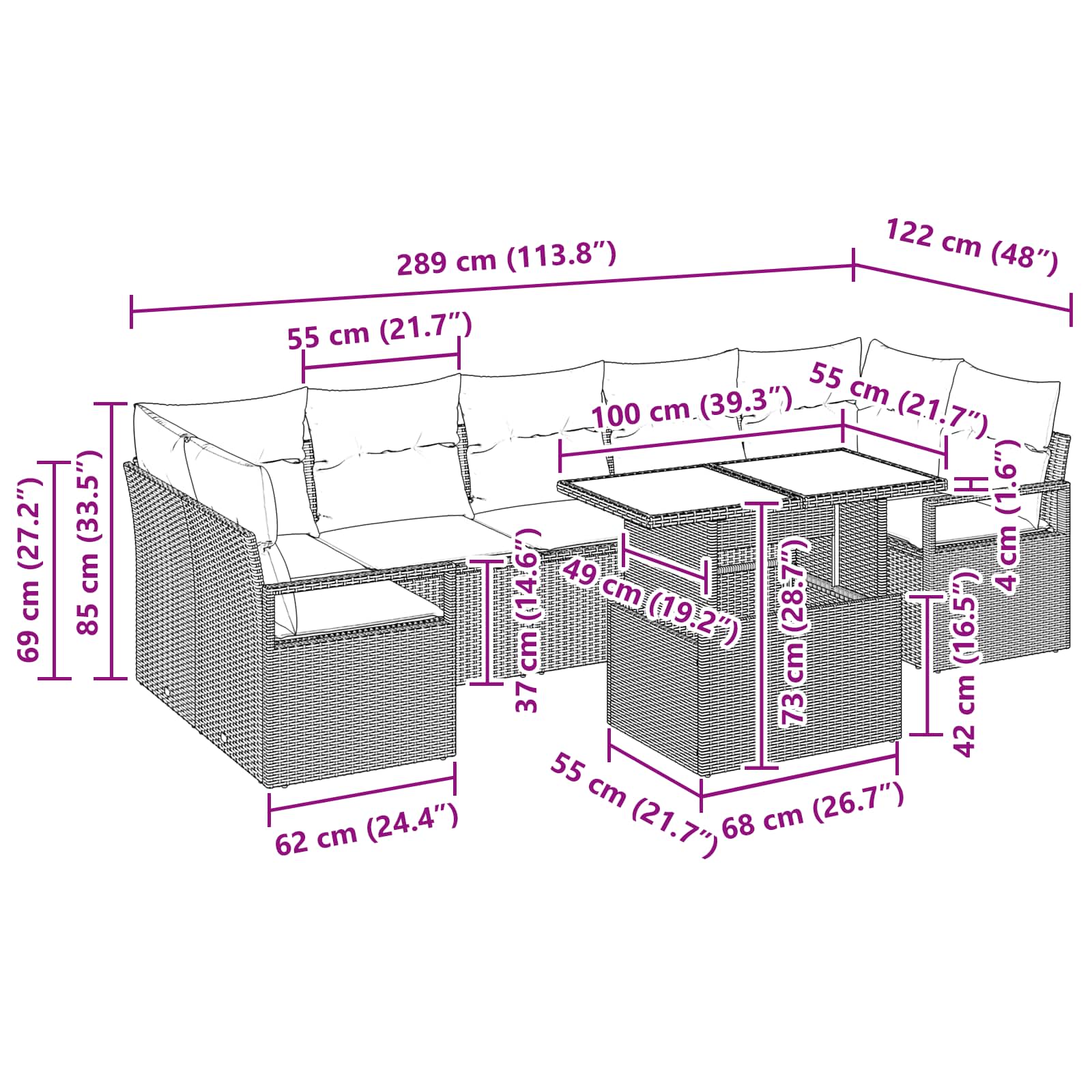 Garten-Sofa-Set 8 pcs Grau und Marineblau Poly-Rattan