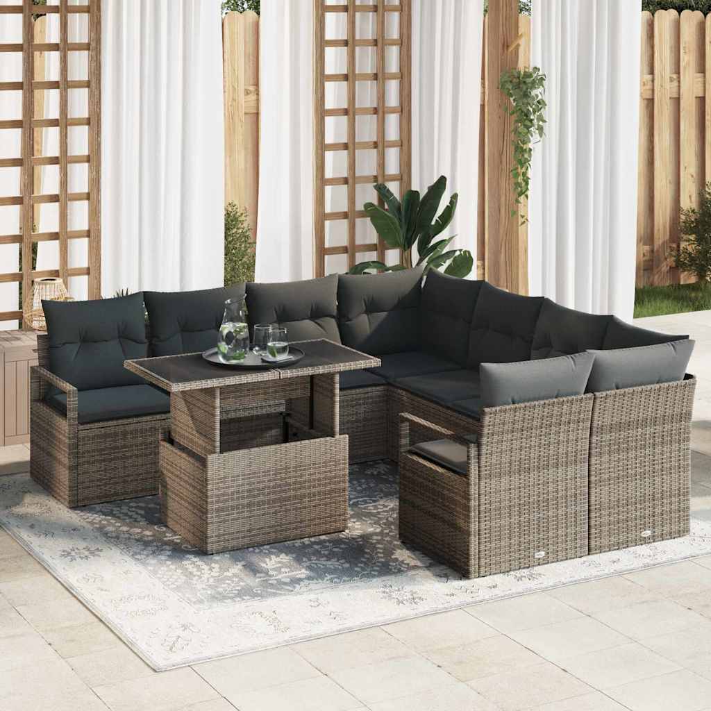 Gartensofa-set mit Speicher mit Kissen 9 pcs Grau Poly-Rattan