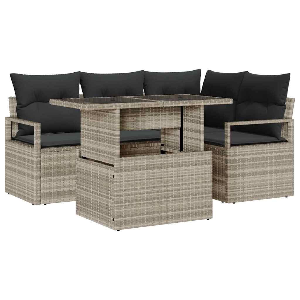 Garten-Sofa-Set mit Kissen 5 pcs Hellgrau Poly-Rattan