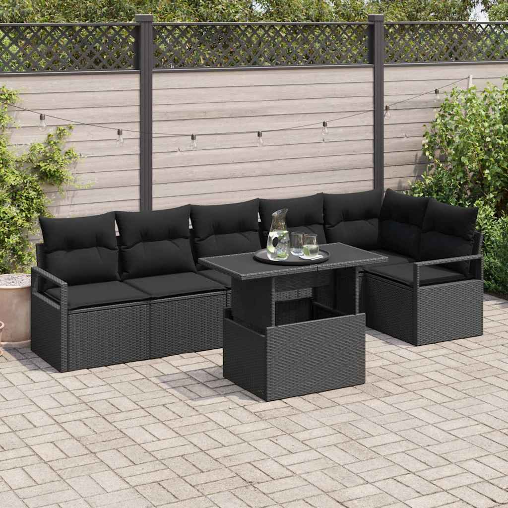 Gartensofa-set mit Speicher 7 pcs Schwarz Poly-Rattan