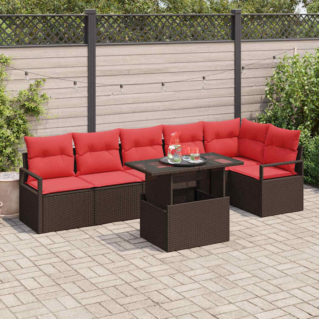 Gartensofa-set mit Speicher 7 pcs Braun und Rot Poly-Rattan