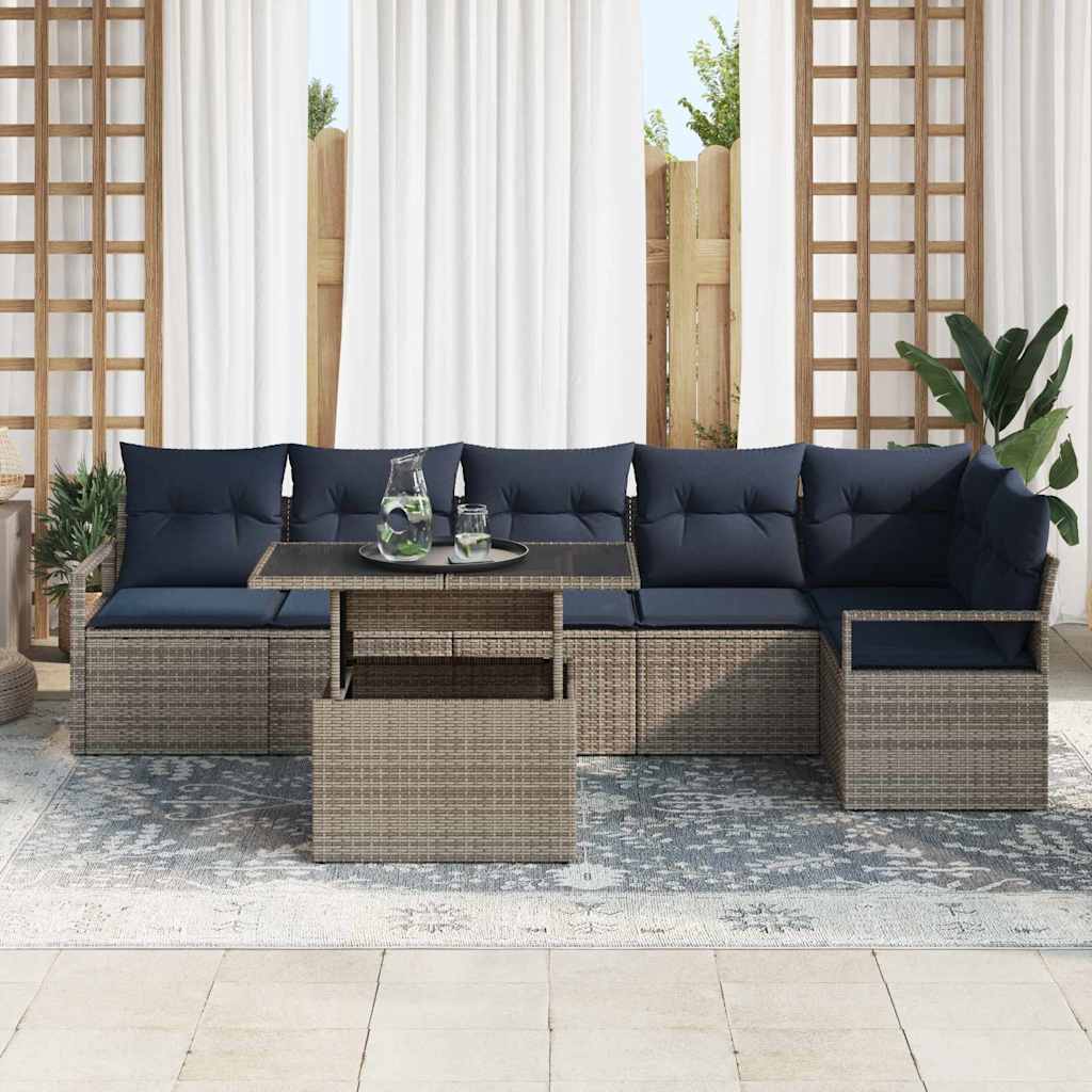 Gartensofa-set mit Kissen 7 pcs Grau und Marineblau Poly-Rattan