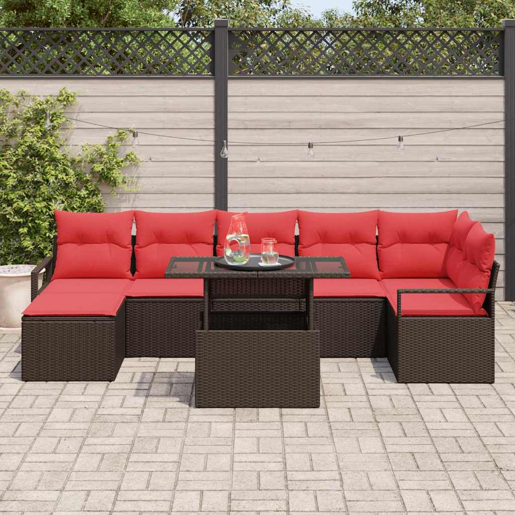 Garten-Sofa-Set mit Kissen 8 pcs Braun und Rot Poly-Rattan