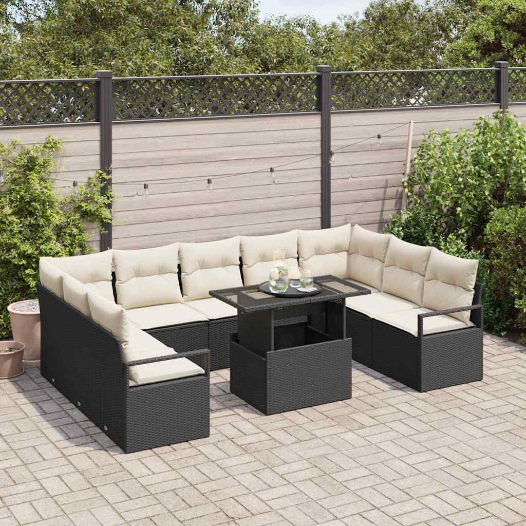 Garten-Sofa-Set mit Kissen 10 pcs Schwarz und Creme Poly-Rattan