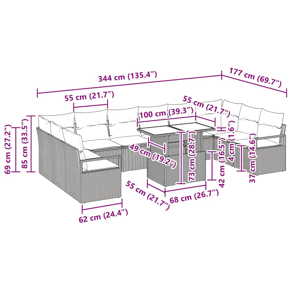 Garten-Sofa-Set 11 pcs Beige und Hellgrau Poly-Rattan