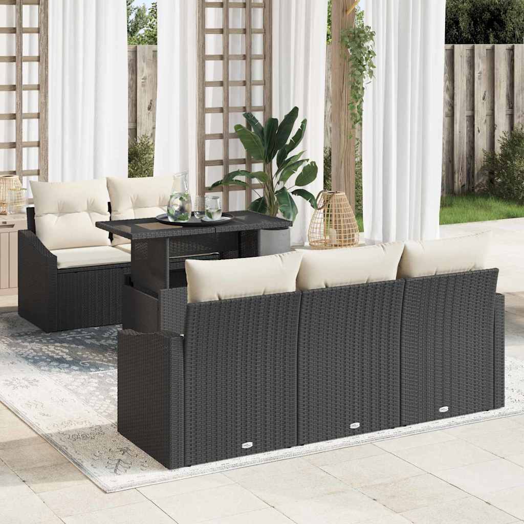 Garten-Sofa-Set mit Kissen 6 pcs Schwarz und Creme Poly-Rattan