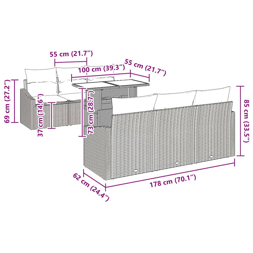 Garten-Sofa-Set mit Kissen 7 pcs Braun und Creme Poly-Rattan