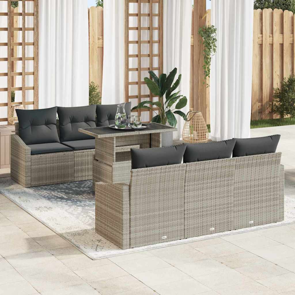 Garten-Sofa-Set mit Kissen 7 pcs Hellgrau Poly-Rattan