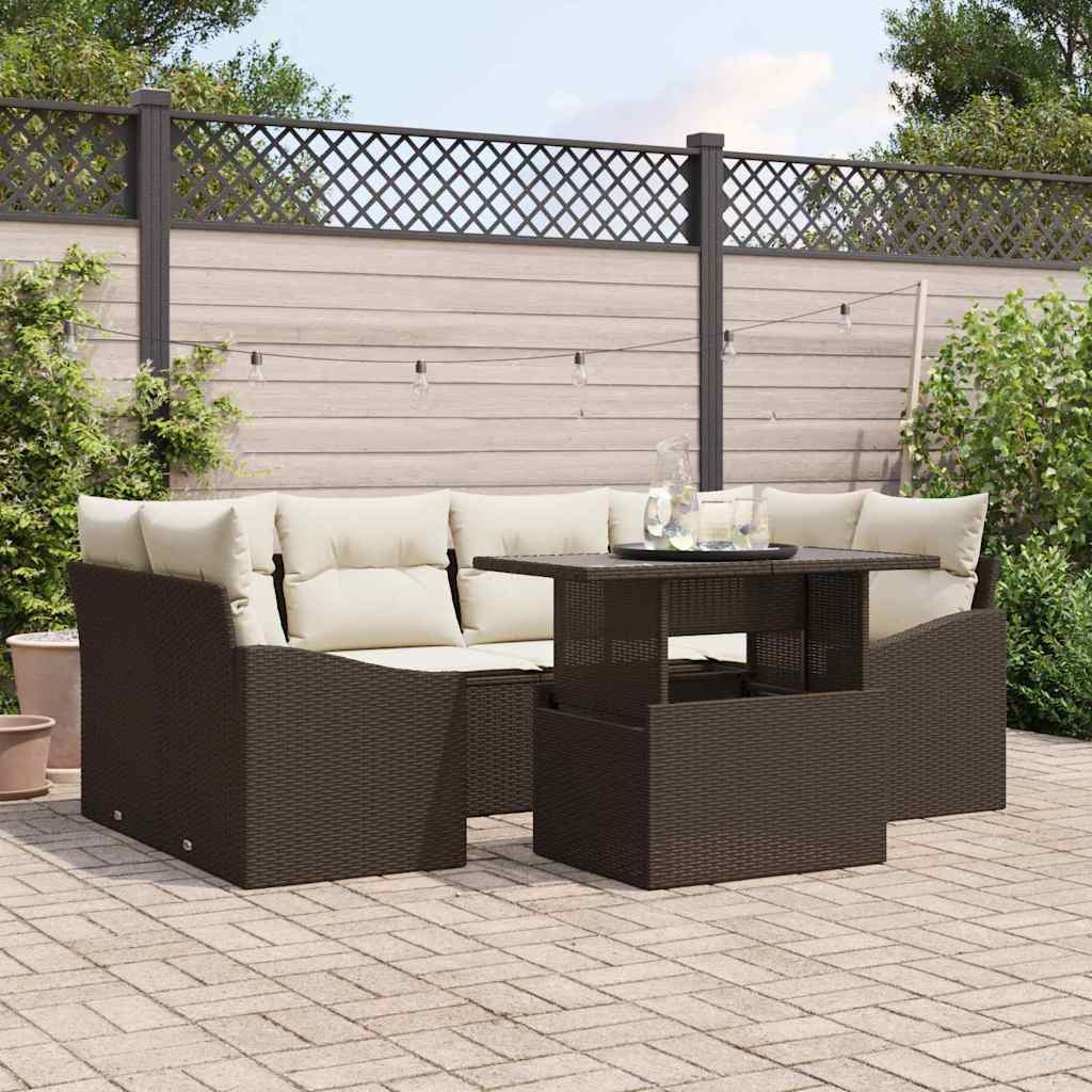 Garten-Sofa-Set mit Kissen 7 pcs Braun und Creme Poly-Rattan