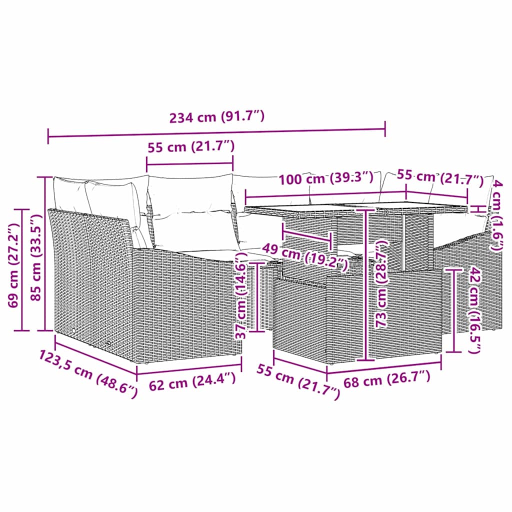Garten-Sofa-Set mit Kissen 7 pcs Braun und Creme Poly-Rattan