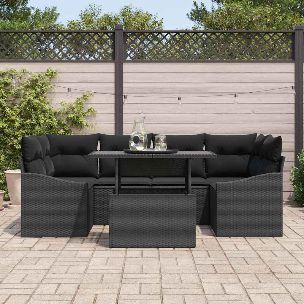 Garten-Sofa-Set mit Kissen 7 pcs Schwarz Poly-Rattan