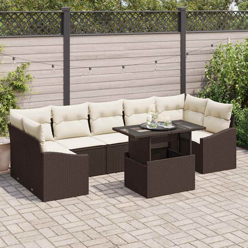 Garten-Sofa-Set mit Kissen 8 pcs Braun und Creme Poly-Rattan