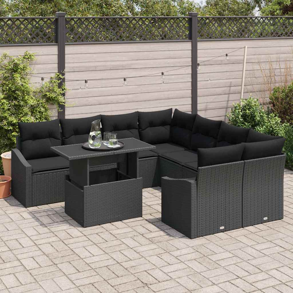 Gartensofa-set mit Kissen 9 pcs Schwarz Poly-Rattan
