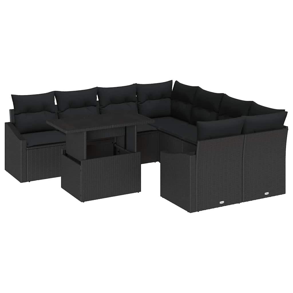 Gartensofa-set mit Kissen 9 pcs Schwarz Poly-Rattan