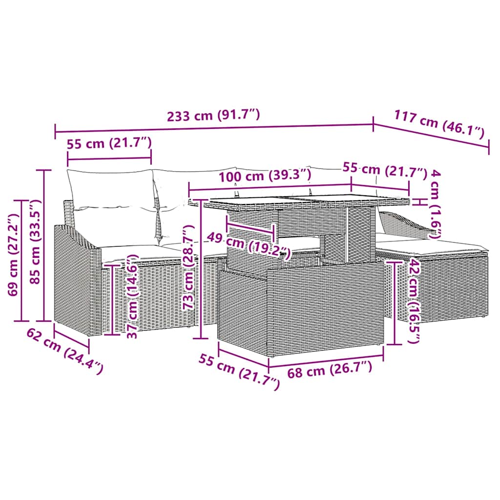 Garten-Sofa-Set mit Kissen 6 pcs Schwarz und Creme