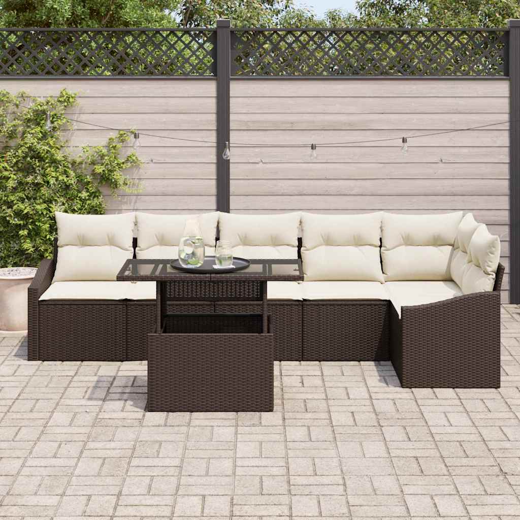 Gartensofa-set mit Kissen 7 pcs Braun und Creme Poly-Rattan