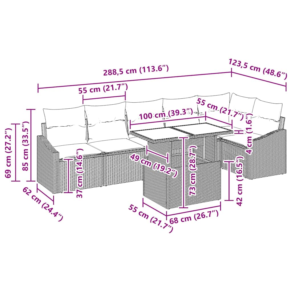 Gartensofa-set mit Kissen mit Speicher 7 pcs Grau Poly-Rattan