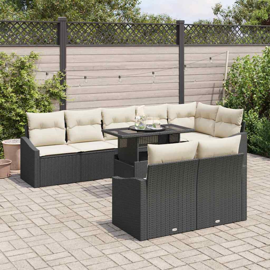 Gartensofa-set mit Kissen 9 pcs Schwarz und Creme Poly-Rattan