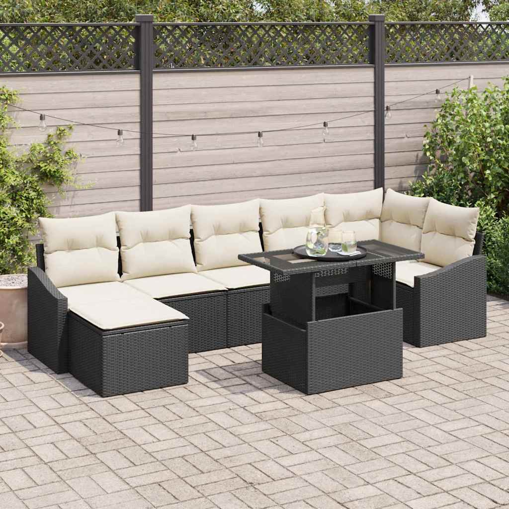 Gartensofa-set mit Kissen 8 pcs Schwarz und Creme Poly-Rattan
