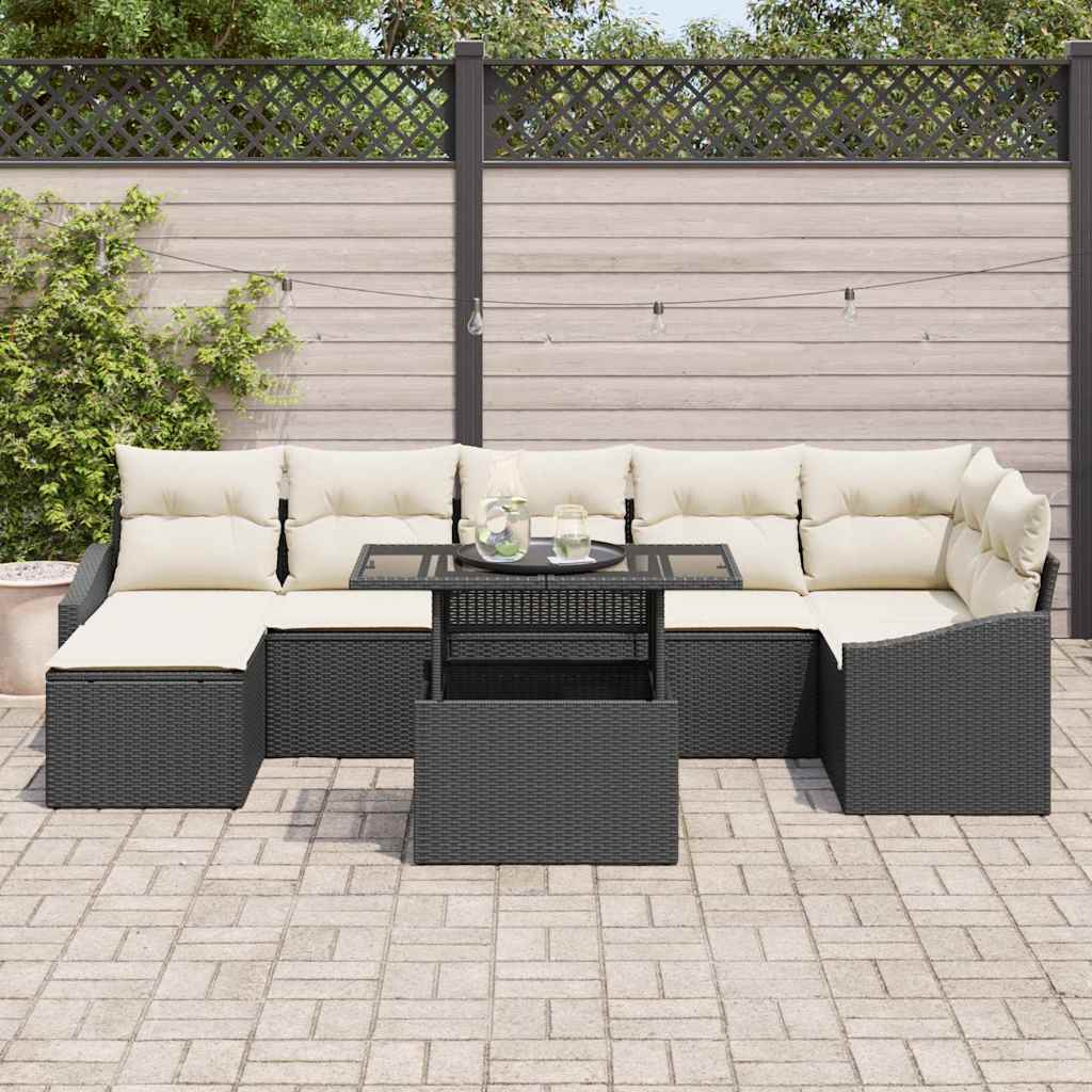 Gartensofa-set mit Kissen 8 pcs Schwarz und Creme Poly-Rattan