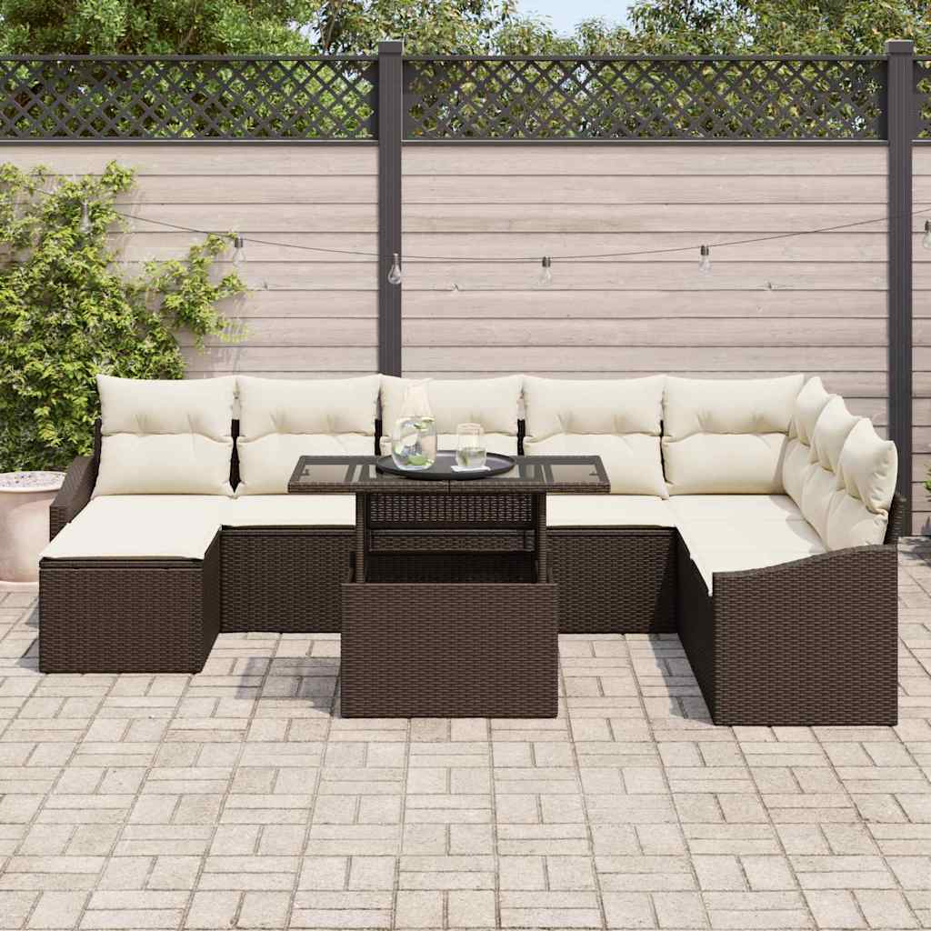 Sofa Set mit Kissen 9 pcs Braun und Creme Poly-Rattan