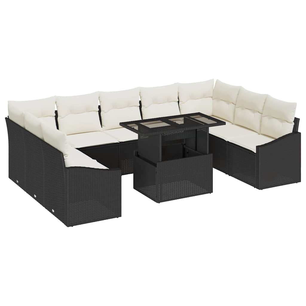 Sofa Set mit Kissen 10 pcs Schwarz und Creme Poly-Rattan