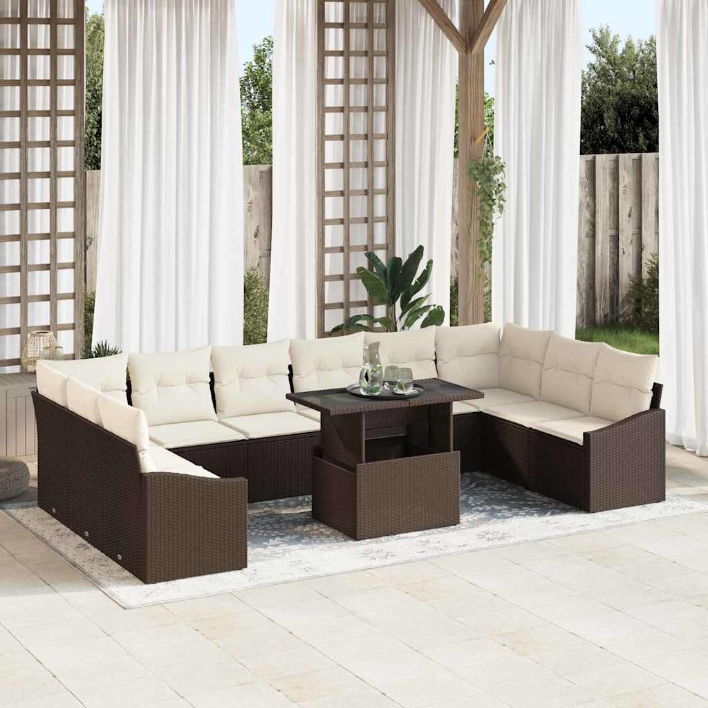 Sofa Set mit Kissen 11 pcs Braun und Creme Poly-Rattan