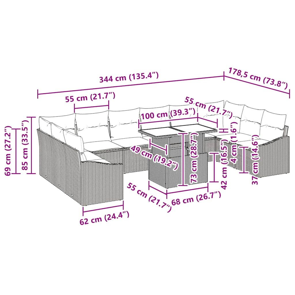 Sofa Set mit Kissen 11 pcs Braun und Creme Poly-Rattan