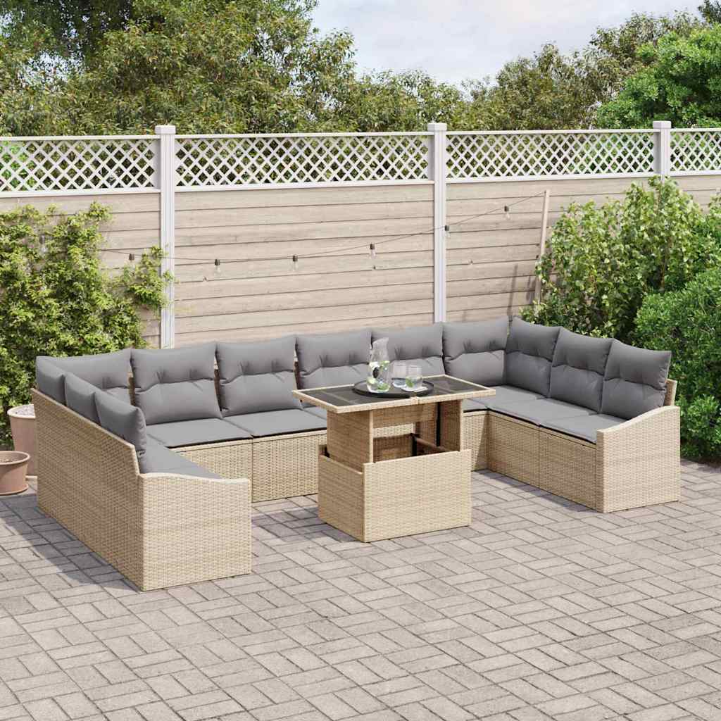 Sofa Set mit Kissen 11 pcs Beige und Hellgrau Poly-Rattan