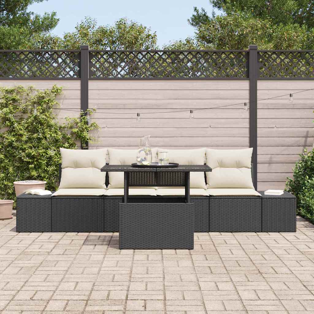 Sofa Set mit Kissen 5 pcs Schwarz und Creme Poly-Rattan