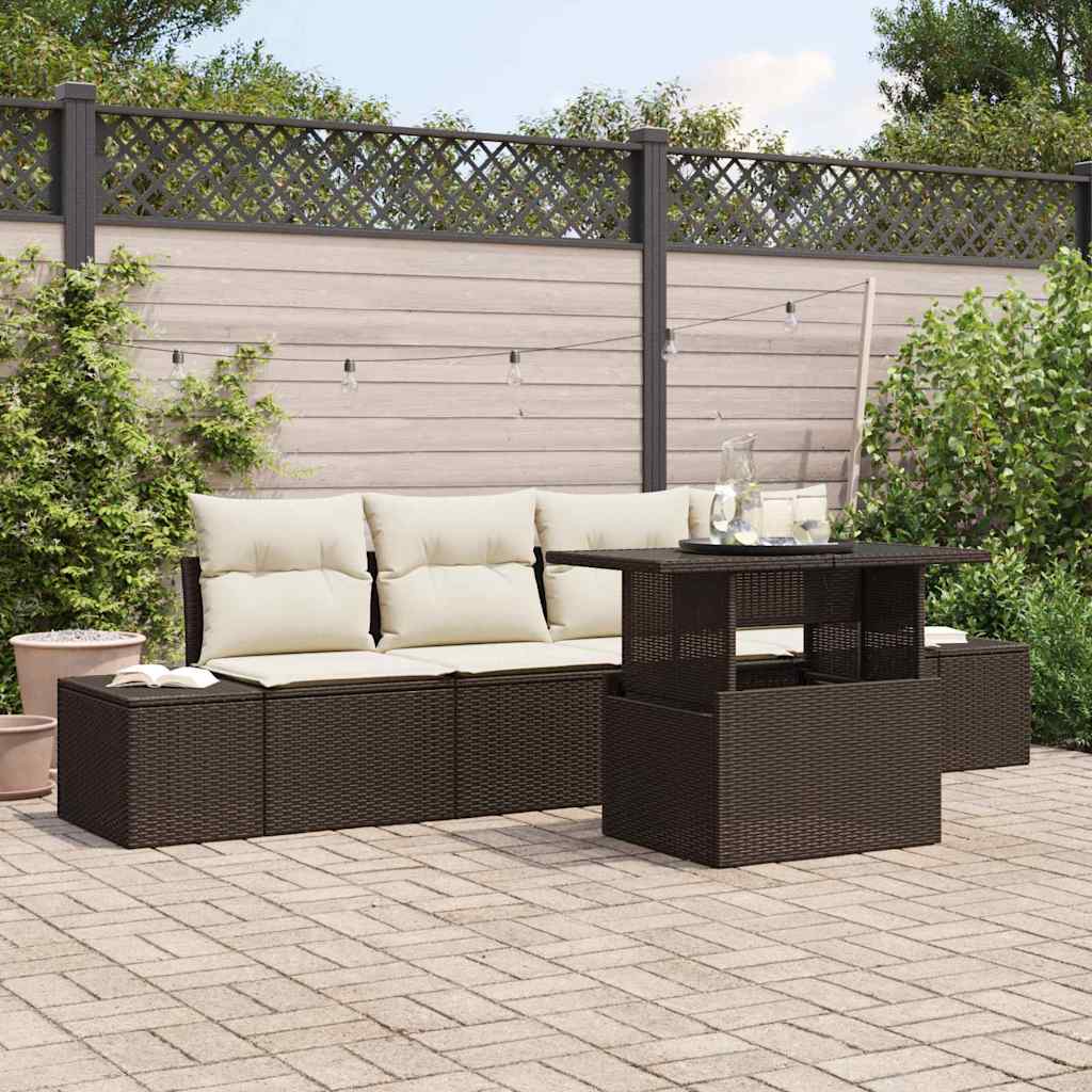 Sofa Set mit Kissen 5 pcs Braun und Creme Poly-Rattan