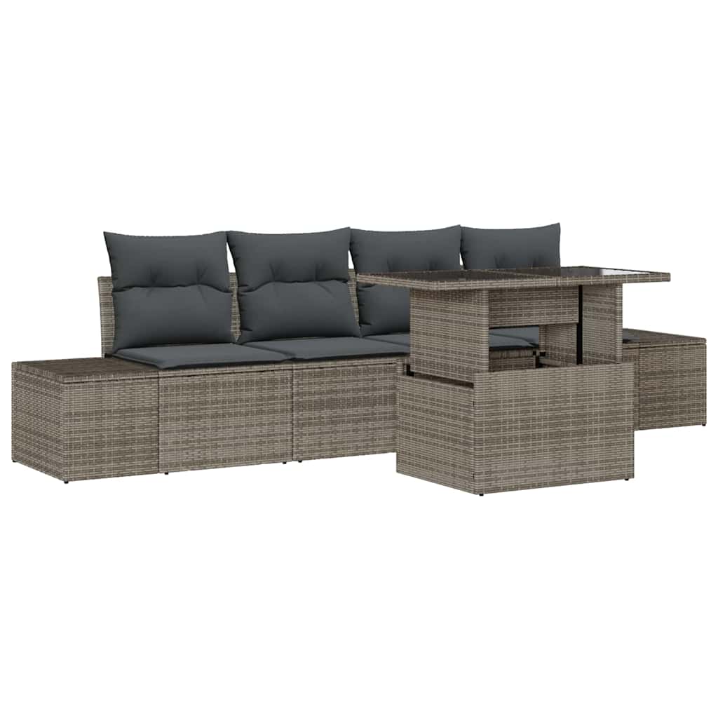 Sofa Set mit Kissen 5 pcs Grau Poly-Rattan