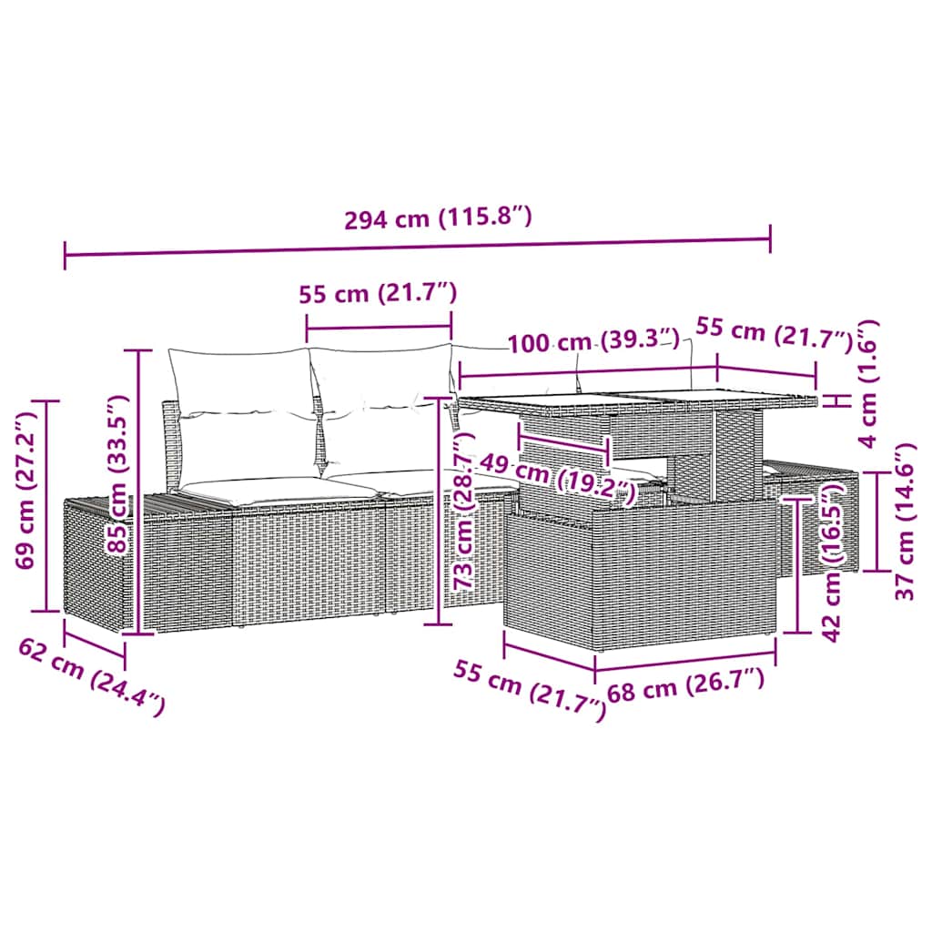 Sofa Set mit Kissen 5 pcs Hellgrau Poly-Rattan