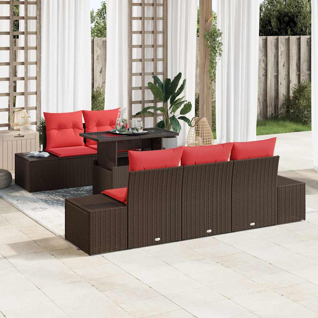 Sofa Set mit Kissen 6 pcs Braun und Rot Poly-Rattan