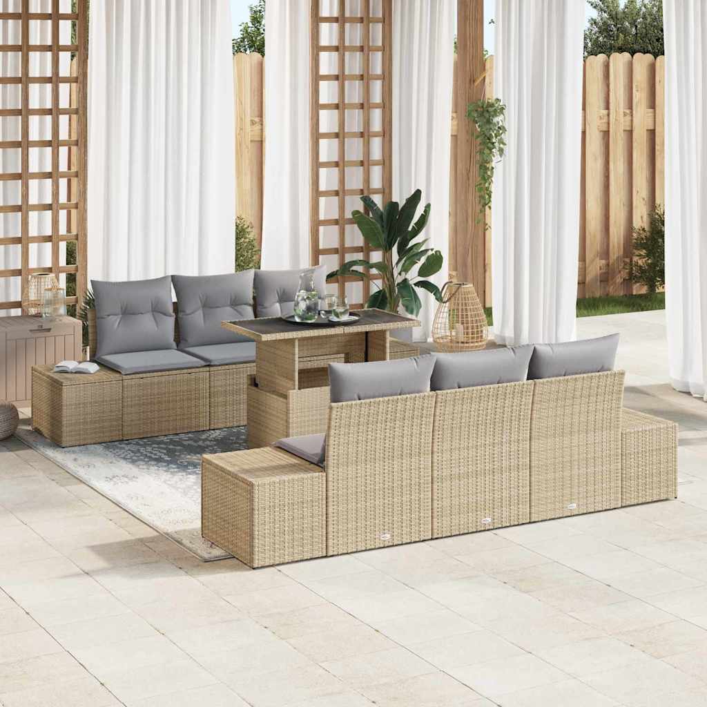 Sofa Set mit Kissen 7 pcs Beige und Hellgrau Poly-Rattan