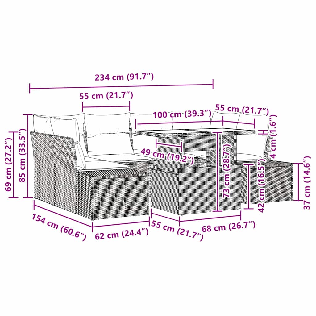 Sofa Set mit Kissen 7 pcs Hellgrau Poly-Rattan