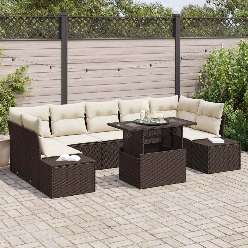 Sofa Set mit Kissen 8 pcs Braun und Creme Poly-Rattan