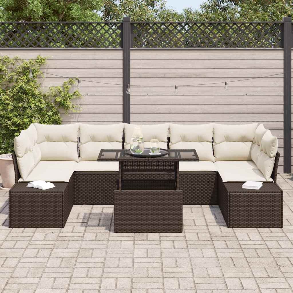 Sofa Set mit Kissen 8 pcs Braun und Creme Poly-Rattan