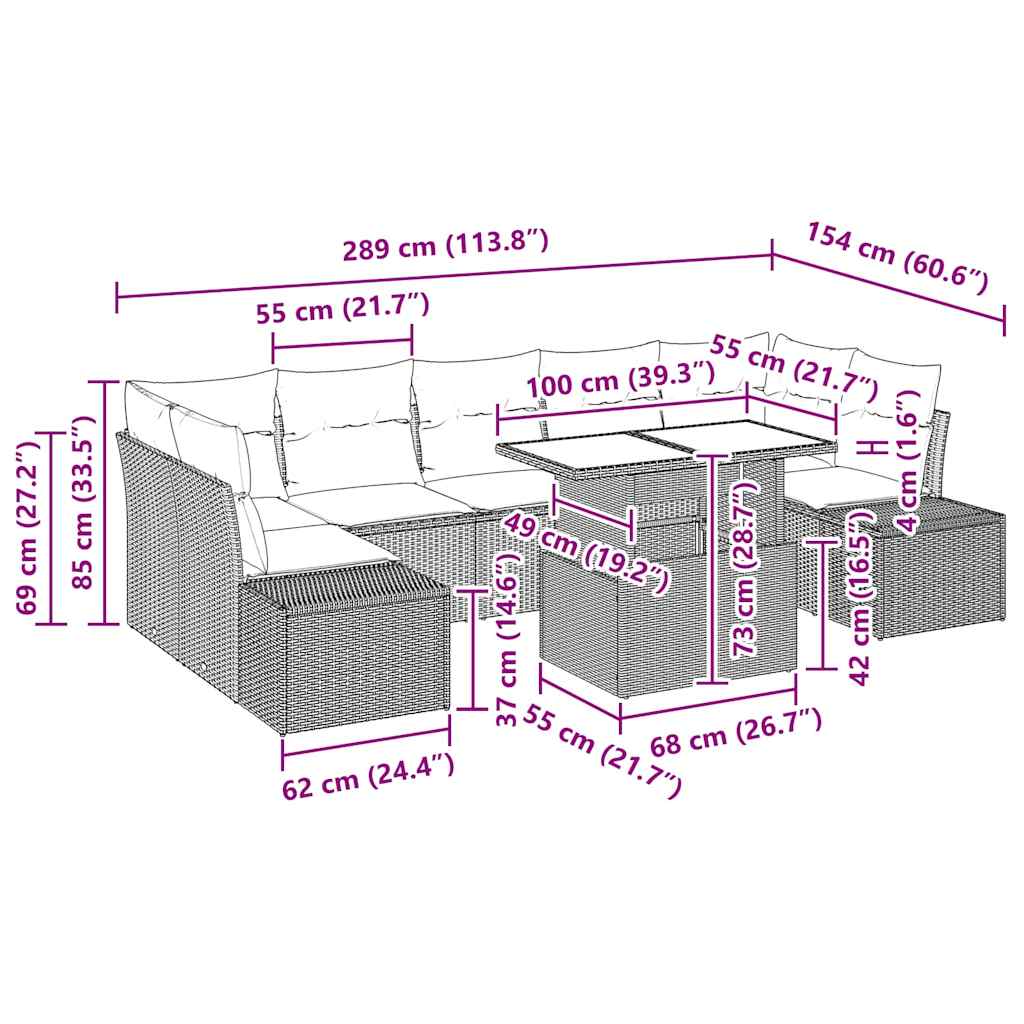 Sofa Set mit Kissen 8 pcs Schwarz Poly-Rattan