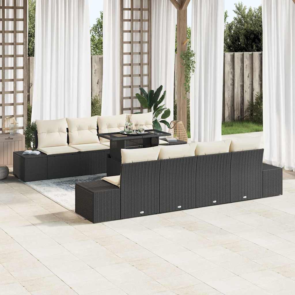 Gartensofa-set mit Kissen 9 pcs Schwarz und Creme Poly-Rattan