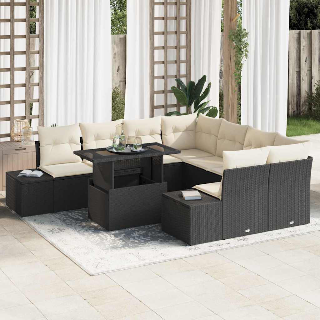 Gartensofa-set mit Kissen 9 pcs Schwarz und Creme Poly-Rattan