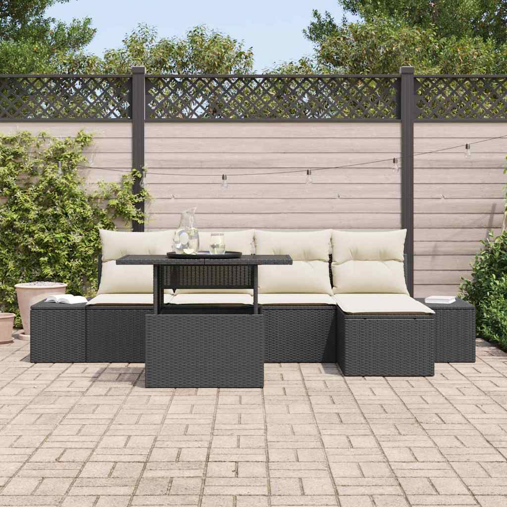 Gartensofa-set mit Kissen 6 pcs Schwarz und Creme Poly-Rattan