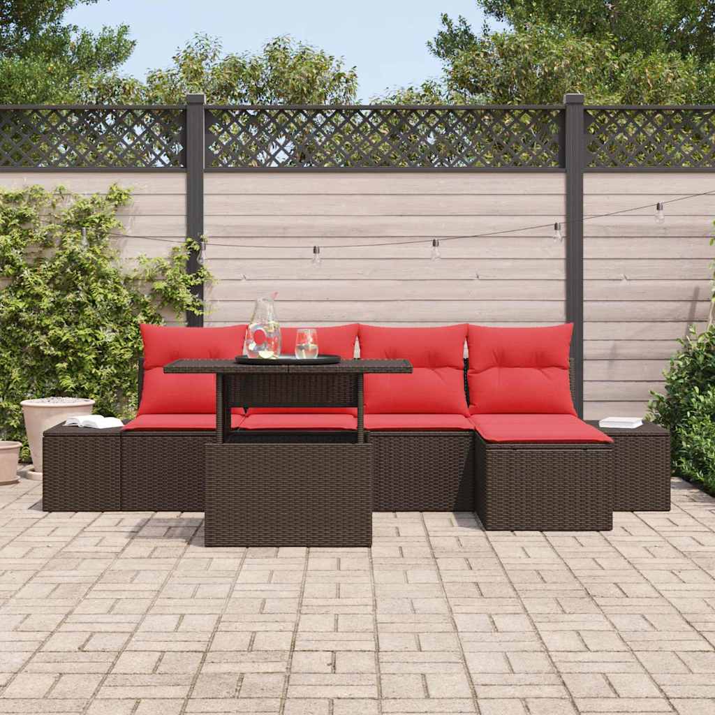 Gartensofa-set mit Kissen 6 pcs Braun und Rot Poly-Rattan