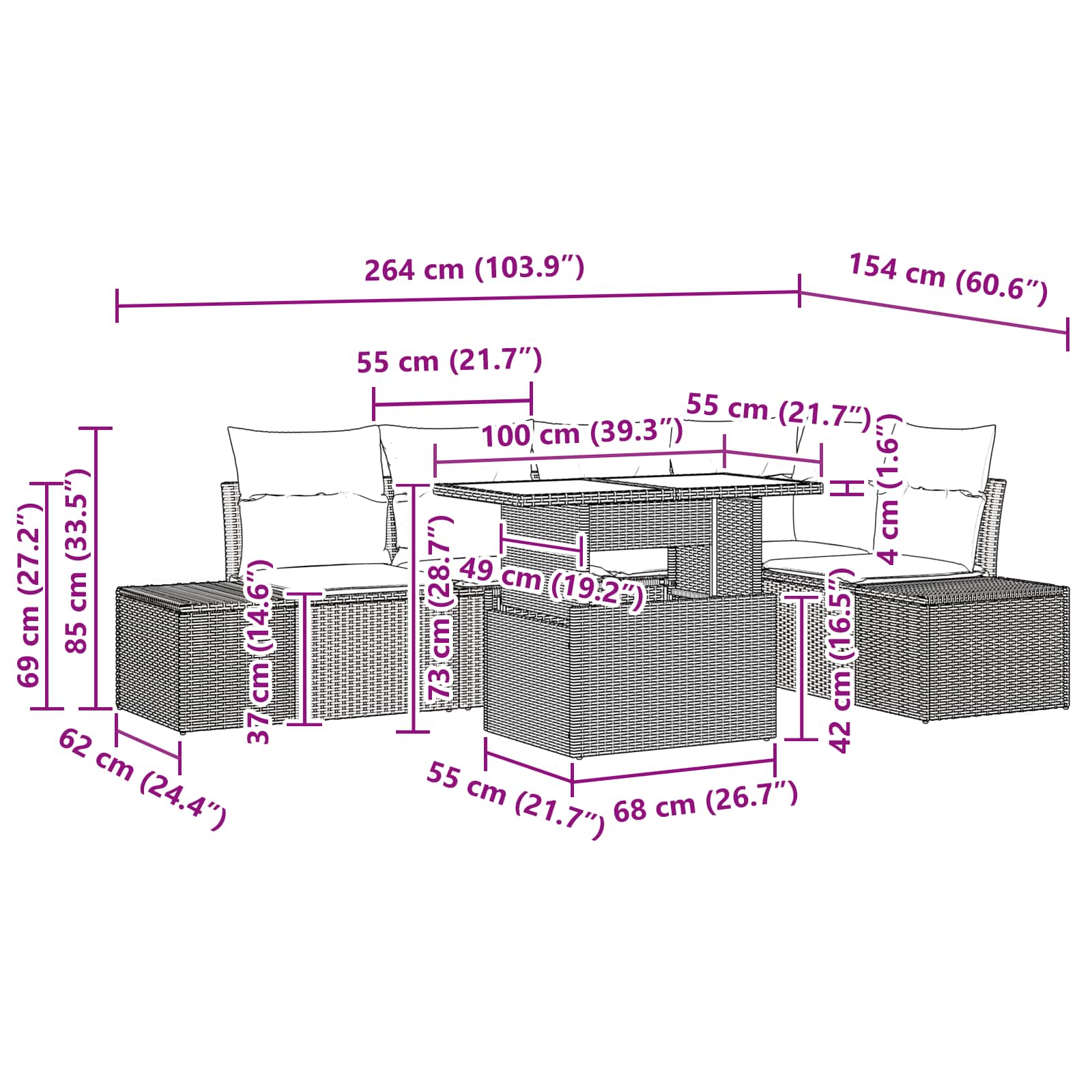 Garten-Sofa-Set mit Kissen mit Speicher 6 pcs Braun und Rot